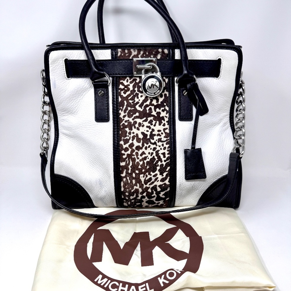 Michael Kors Hamilton Calf Hair Center Stripe White/Black Large Tote Bag